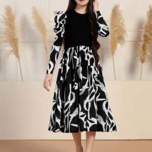 Girls Printed Fit & Flare Midi Dress